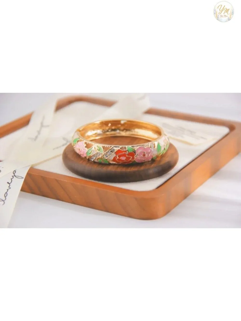 Vintage Cloisonne Enamel Rhinestone Hinged Cuff Bracelet Bangle